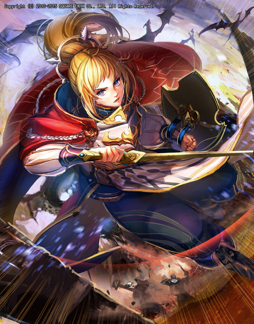 1girl armor attack blonde_hair blue_cape blue_pupils boots breastplate cape dragon emperors_saga highres holding holding_sword holding_weapon liduke long_hair long_sleeves looking_at_viewer multicolored_hair official_art parted_lips ponytail puffy_long_sleeves puffy_pants puffy_sleeves red_cape shield solo spread_legs sword violet_eyes watermark weapon