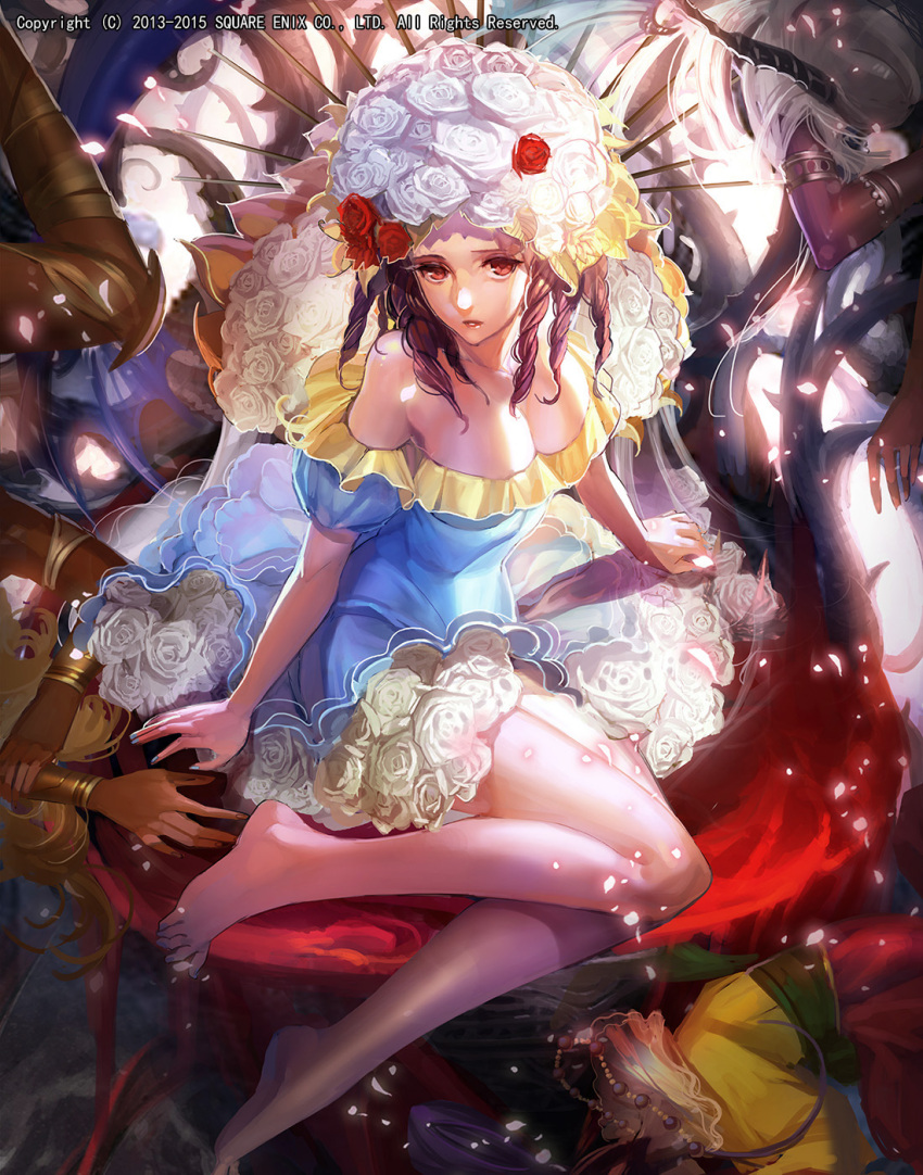 1girl bare_legs bare_shoulders barefoot blue_dress blue_nails breasts brown_hair cleavage dress drill_hair emperors_saga feet fingernails flower hair_flower hair_ornament highres liduke looking_at_viewer medium_breasts nail_polish official_art parted_lips red_eyes red_flower red_rose rose short_dress sitting solo toenail_polish toes too_many_flowers watermark white_flower white_rose
