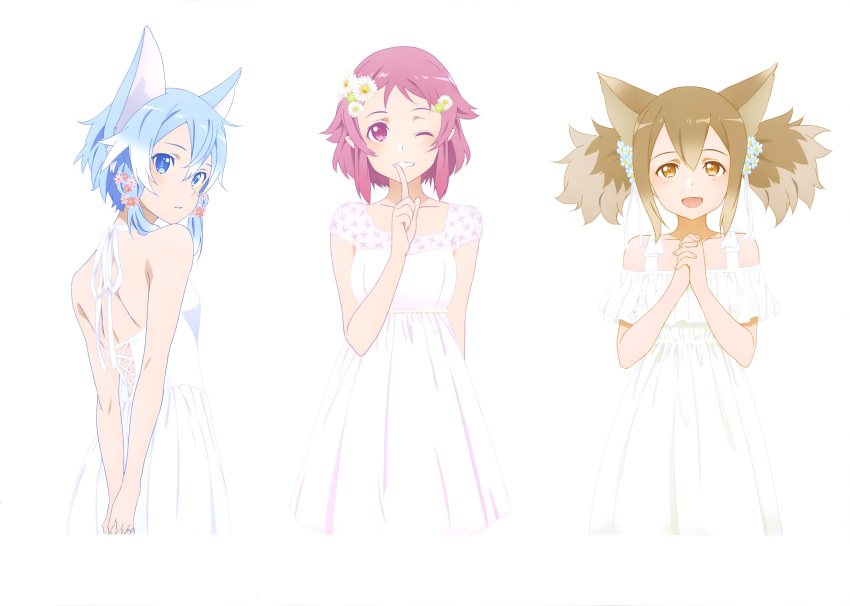 3girls :d ;d absurdres animal_ears arm_behind_back arms_behind_back blue_eyes blue_hair brown_eyes brown_hair cat_ears collarbone dress finger_to_mouth flower hair_between_eyes hair_flower hair_ornament hands_together highres index_finger_raised lisbeth_(sao-alo) long_hair looking_back multiple_girls one_eye_closed open_mouth parted_lips pink_hair red_eyes shinon_(sao-alo) short_hair_with_long_locks short_sleeves sidelocks silica_(sao-alo) simple_background sleeveless sleeveless_dress smile standing sword_art_online white_background white_dress