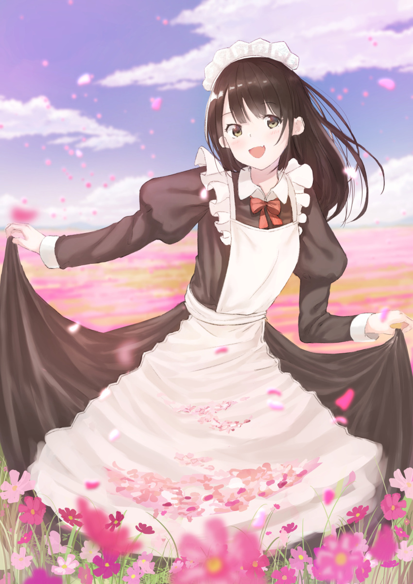 1girl absurdres apron black_hair bow brown_eyes commentary dress dress_lift fang field flower flower_field hennekobakatesu highres long_hair maid maid_apron maid_headdress original outdoors petals sky solo