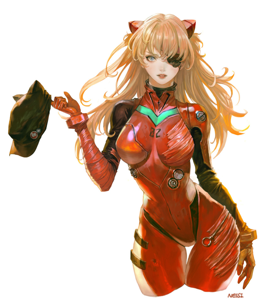 1girl arm_at_side arm_up bangs black_hat blue_eyes bodysuit breasts contrapposto eyepatch gloves hat highres hips holding holding_hat lips long_hair looking_at_viewer medium_breasts neon_genesis_evangelion nessi number orange_hair parted_lips red_bodysuit red_gloves red_lips simple_background solo souryuu_asuka_langley tagme turtleneck white_background