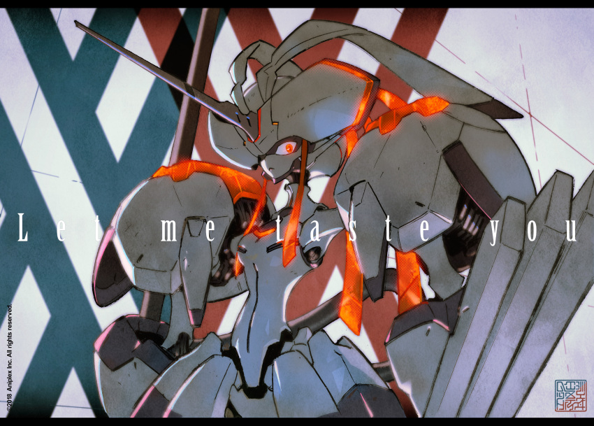 1girl breasts darling_in_the_franxx english glowing glowing_eye highres humanoid_robot jnt letterboxed looking_at_viewer mecha medium_breasts no_humans orange_eyes signature strelizia upper_body watermark