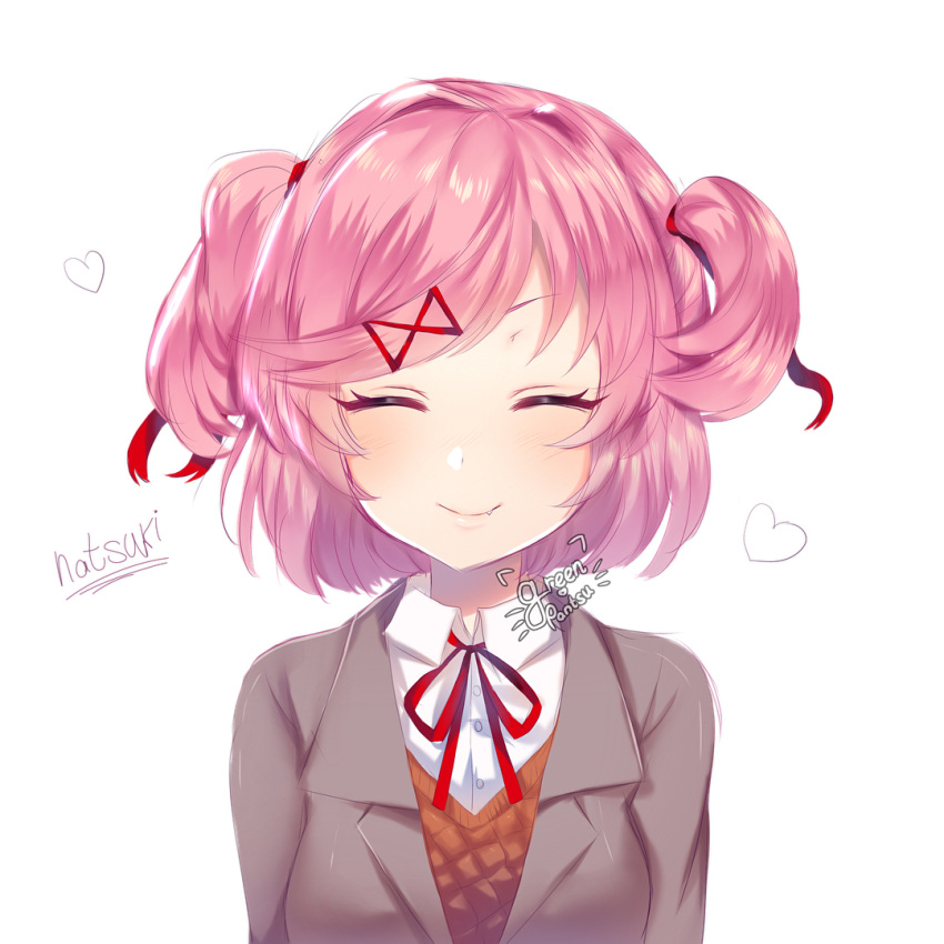 1girl artist_name bangs blazer blush breasts character_name closed_eyes collared_shirt commission doki_doki_literature_club facing_viewer fang greenpantsu grey_jacket hair_ornament hairclip heart jacket long_sleeves natsuki_(doki_doki_literature_club) open_mouth orange_vest pink_hair portrait red_neckwear red_ribbon ribbon school_uniform shirt short_hair simple_background smile solo two_side_up vest watermark white_background white_shirt