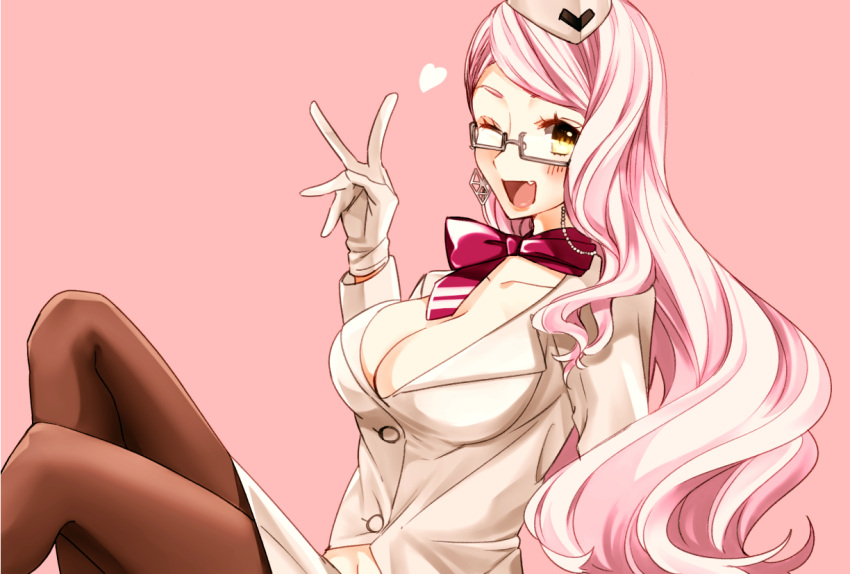 1girl adachi_imaru blush breasts choker cleavage commentary_request earrings fang fang_out fate/grand_order fate_(series) formal glasses gloves hat heart jewelry koyanskaya long_hair looking_at_viewer midriff_peek one_eye_closed pantyhose pink_background pink_hair ribbon ribbon_choker smile solo suit v very_long_hair white_gloves yellow_eyes