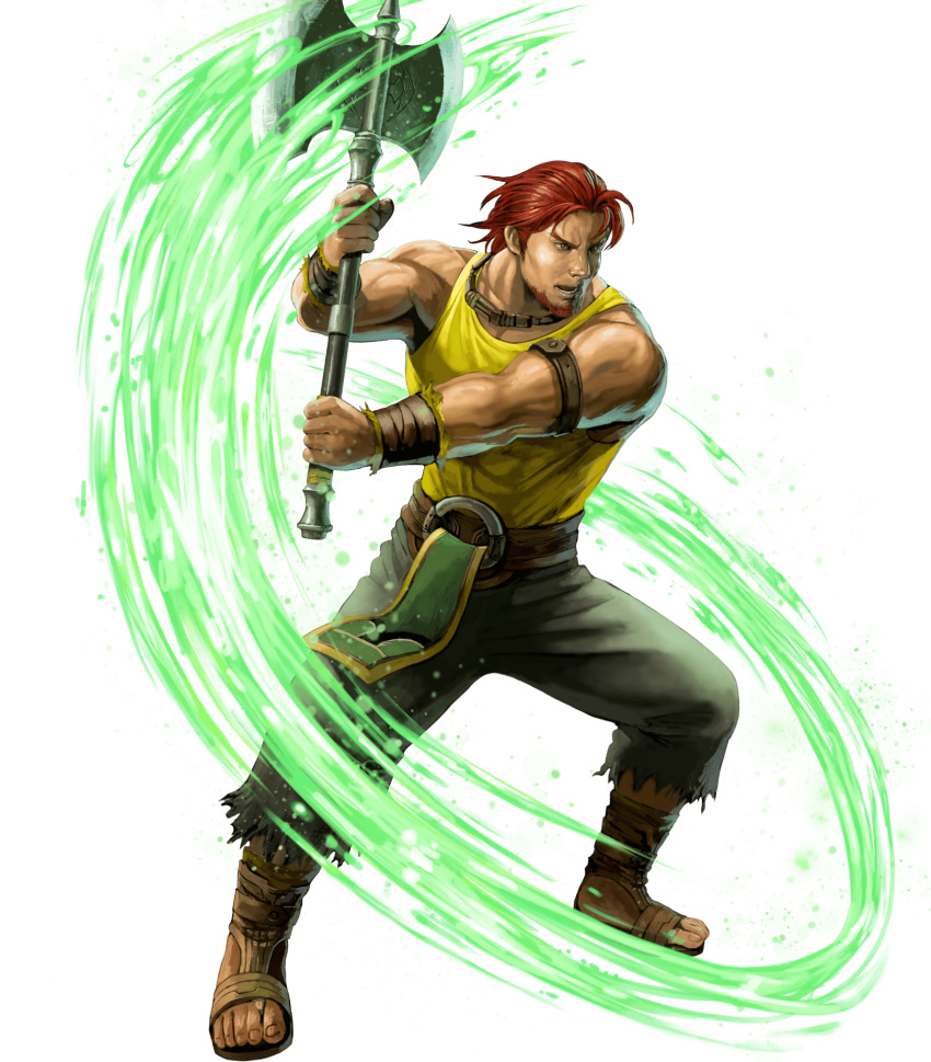 1boy armband axe bare_arms beard belt brown_eyes collarbone dorcas_(fire_emblem) energy facial_hair fire_emblem fire_emblem:_rekka_no_ken fire_emblem_heroes green_pants highres holding holding_axe holding_weapon ippei_soeda lips male_focus muscle nose official_art open_mouth pants realistic redhead sandals serious shirt short_hair solo tank_top teeth tomahawk weapon wristband yellow_shirt