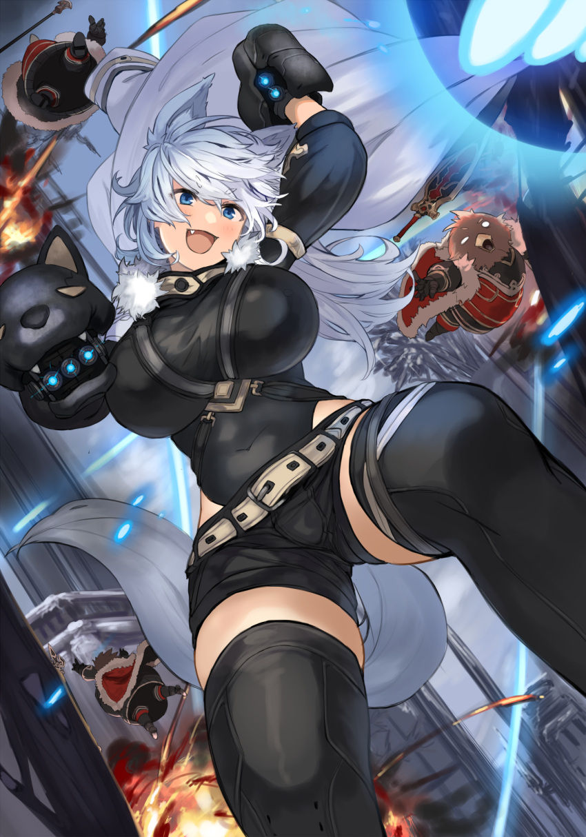1girl :d animal_ears black_legwear blue_eyes blue_hair blush breasts cape commentary_request covered_navel creature explosion eyebrows_visible_through_hair fang feet_out_of_frame fur_trim ganesagi hand_up highres jumping large_breasts looking_at_viewer open_mouth original short_eyebrows short_hair smile thigh-highs white_cape