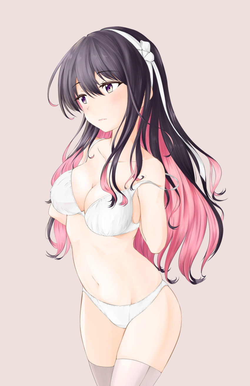 1girl black_hair bra breasts cleavage collarbone commentary_request highres kantai_collection long_hair medium_breasts multicolored_hair naganami_(kantai_collection) navel panties pink_hair remodel_(kantai_collection) simple_background solo two-tone_hair umino_haruka_(harukaumino6) underwear underwear_only wavy_hair white_bra white_panties yellow_eyes