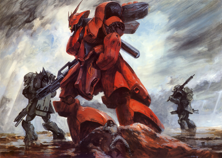 1boy absurdres beam_machinegun boots char's_counterattack clouds cloudy_sky energy_gun geara_doga gun gundam helmet highres huge_filesize mecha military military_uniform mobile_suit_gundam mud outdoors panzerfaust sazabi shield sky suemi_jun sunlight thrusters uniform weapon