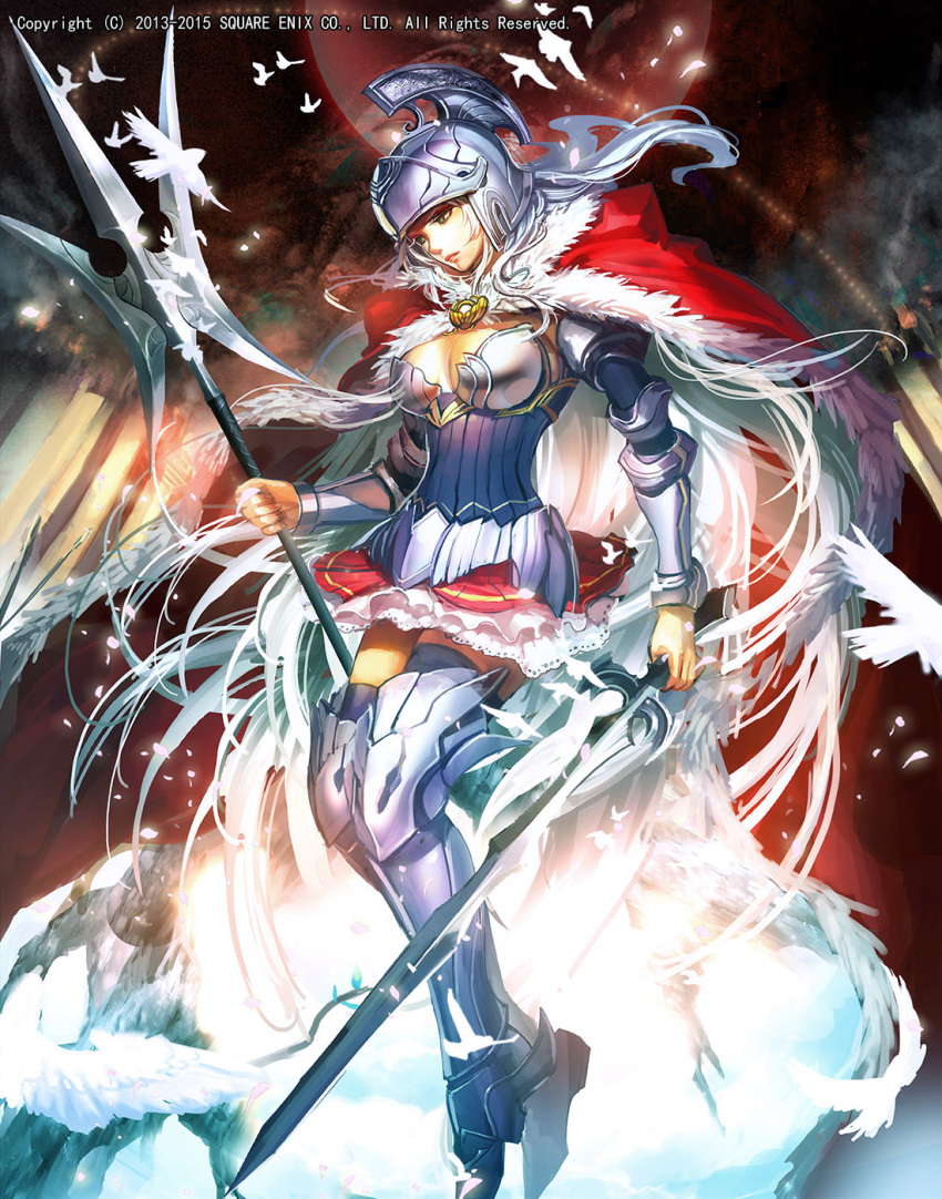 1girl armor bird blue_legwear boobplate boots breastplate breasts cape dual_wielding emperors_saga faulds fingernails fur_trim green_eyes helmet highres holding holding_sword holding_weapon large_breasts liduke long_hair miniskirt official_art parted_lips polearm red_cape red_skirt silver_hair skirt solo sword thigh-highs thigh_boots vambraces very_long_hair watermark weapon