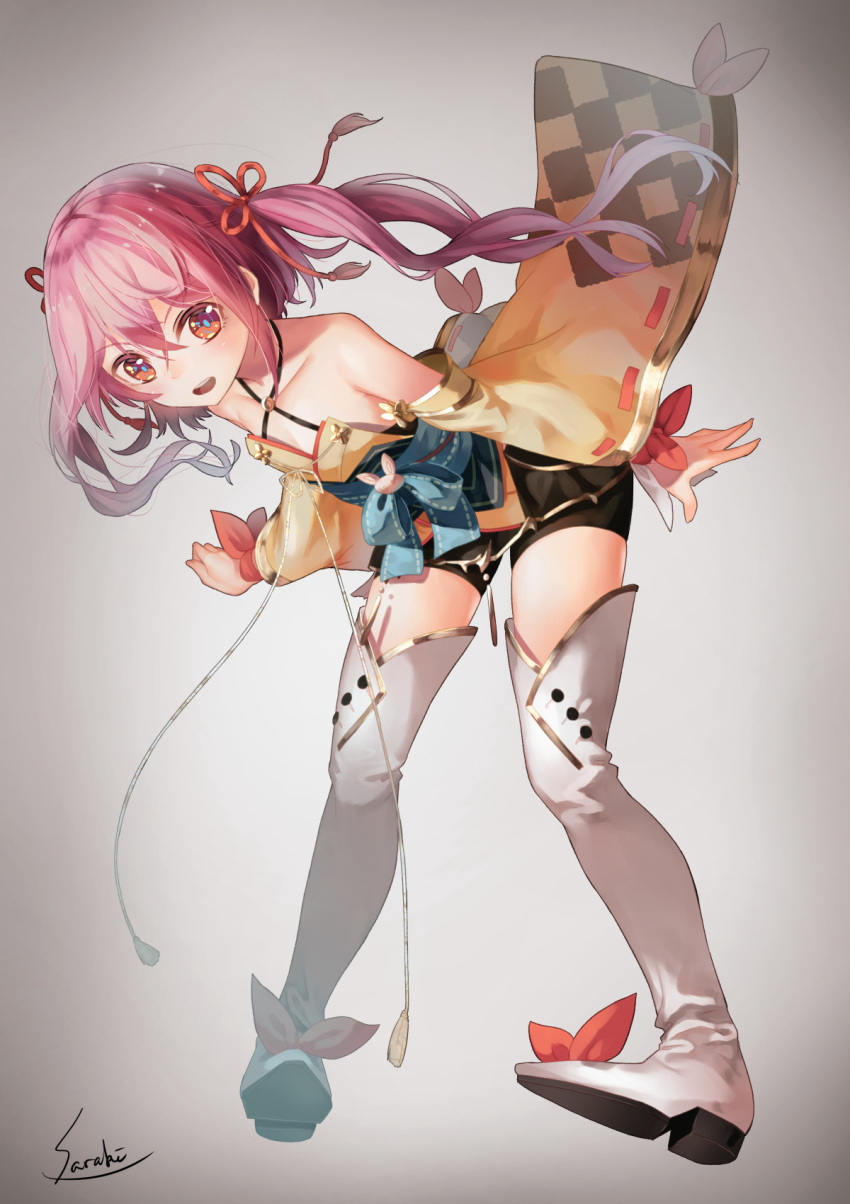 1girl bare_shoulders boots cleavage collarbone criss-cross_halter detached_sleeves fantasy flat_chest floating_hair hair_ribbon halterneck highres japanese_clothes leaning_forward long_hair looking_at_viewer multicolored multicolored_eyes obi open_mouth orange_eyes original pigeon-toed pink_hair rabbit ribbon saraki sash shorts signature simple_background smile solo standing thigh-highs thigh_boots