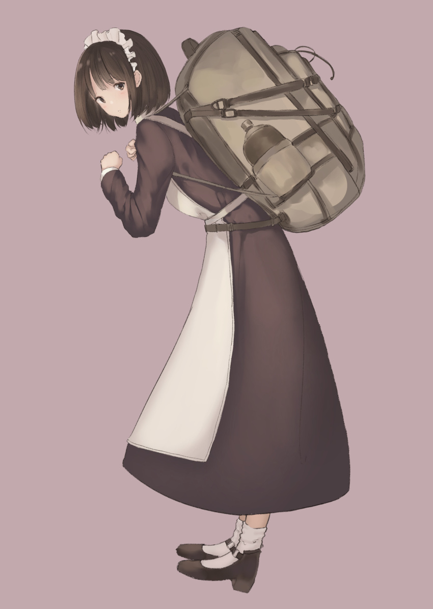 1girl absurdres apron backpack bag black_hair bob_cut canteen commentary_request hennekobakatesu highres maid maid_apron maid_headdress mary_janes original shoes short_hair simple_background solo