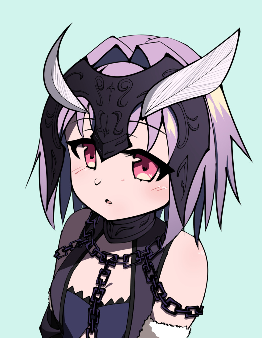 1girl :o alternate_eye_color alternate_hair_color antennae bangs bare_shoulders blue_background blush chains commentary_request eyebrows_visible_through_hair fate/grand_order fate_(series) gorget hair_intakes headpiece highres jeanne_d'arc_(alter)_(fate) jeanne_d'arc_(fate)_(all) kaafi moth_girl original parted_lips pink_eyes purple_hair simple_background solo upper_body