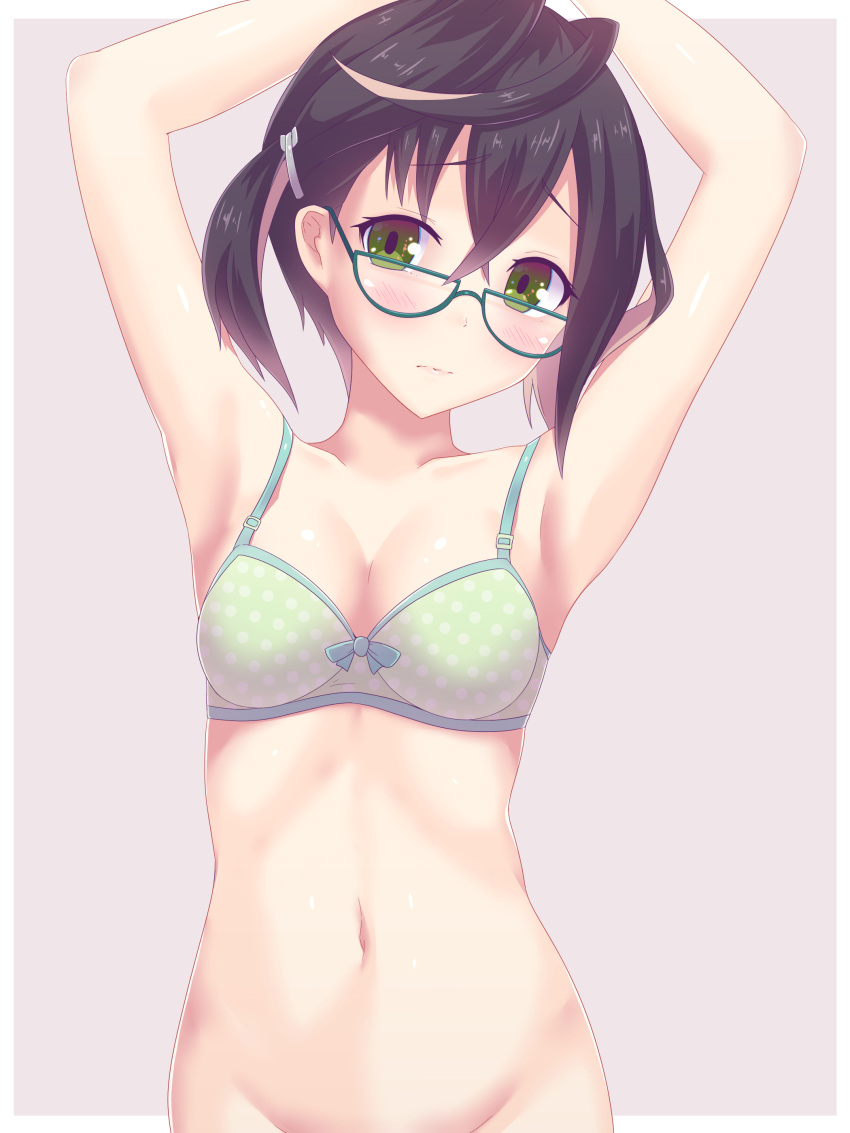 1girl absurdres ahoge armpits arms_up black_hair blush bottomless bra breasts cleavage collarbone eyebrows_visible_through_hair glasses green-framed_eyewear green_eyes grey_background hair_between_eyes hair_ornament head_tilt highres kantai_collection looking_at_viewer okinami_(kantai_collection) one_side_up shiny shiny_skin short_hair simple_background small_breasts solo twinameless underwear underwear_only white_bra