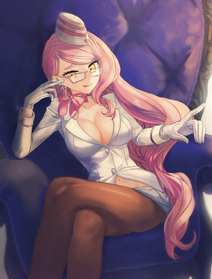 1girl artist_name breasts chair choker cleavage commentary_request earrings fate/grand_order fate_(series) formal glasses gloves hat highres jewelry koyanskaya legs_crossed long_hair looking_at_viewer matsuoka_(mtok_0) midriff pantyhose pink_hair ribbon ribbon_choker sleeve_cuffs smile solo suit twitter_username very_long_hair white_gloves yellow_eyes