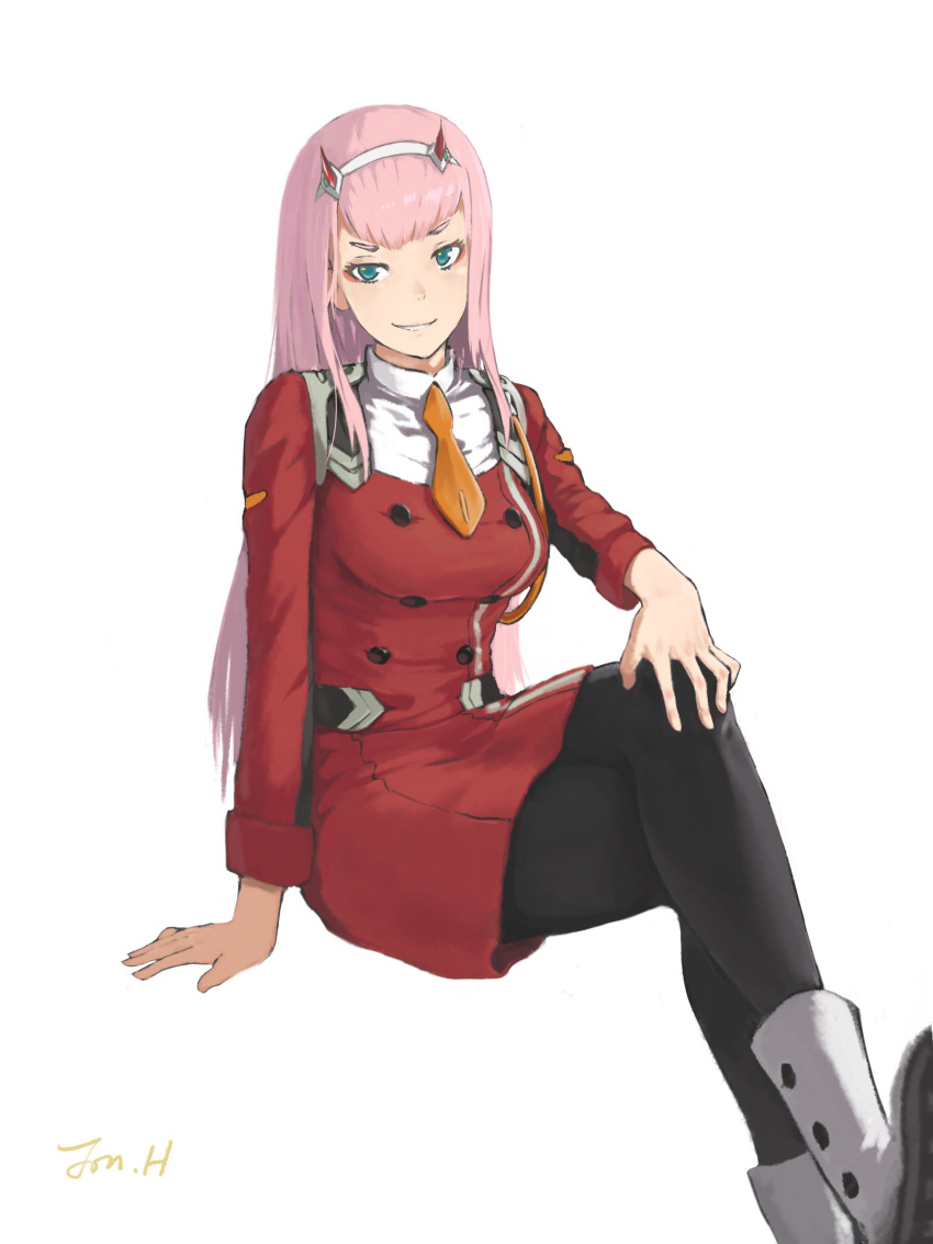 1girl absurdres black_legwear blue_eyes boots breasts darling_in_the_franxx double-breasted grin highres horns jonathan_h legs_crossed long_hair looking_at_viewer medium_breasts pink_hair simple_background sitting skirt smile solo white_background