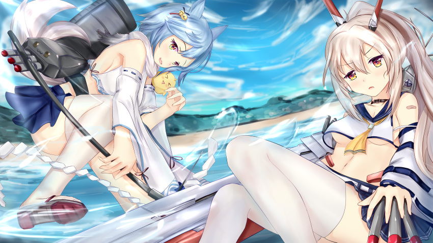 2girls absurdres animal_ears ayanami_(azur_lane) azur_lane bandaid bird blonde_hair blue_hair blue_sailor_collar blue_skirt blue_sky chick choker clouds detached_sleeves fox_ears fox_tail fubuki_(azur_lane) highres long_hair looking_at_viewer machinery mr_lobster multiple_girls outdoors pleated_skirt ponytail red_eyes sailor_collar scarf short_hair single_thighhigh skirt sky smokestack tail thigh-highs torpedo white_legwear white_scarf yellow_eyes