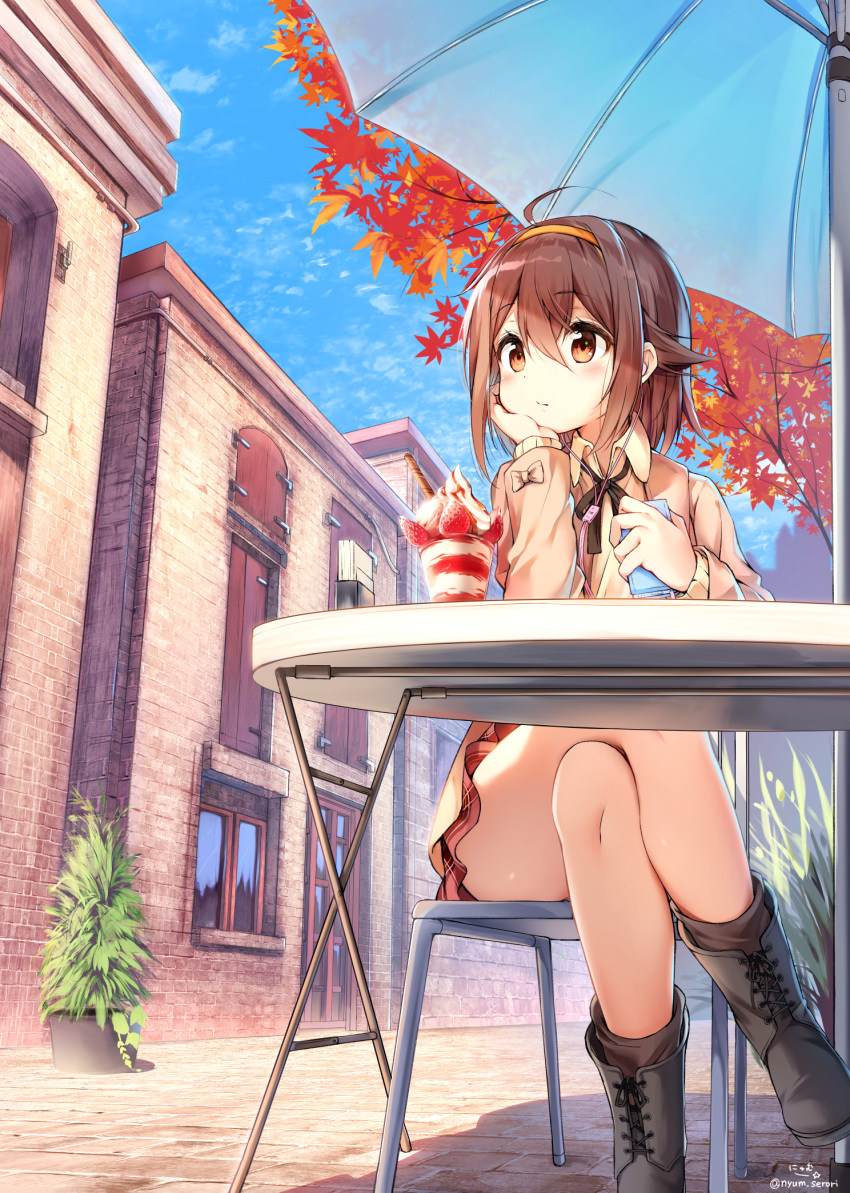 1girl alternate_costume autumn_leaves boots brown_eyes brown_hair brown_jacket chair cityscape day hairband head_on_hand highres jacket kantai_collection legs_crossed long_sleeves nyum orange_hairband outdoors parasol shiratsuyu_(kantai_collection) short_hair sky solo table tree umbrella
