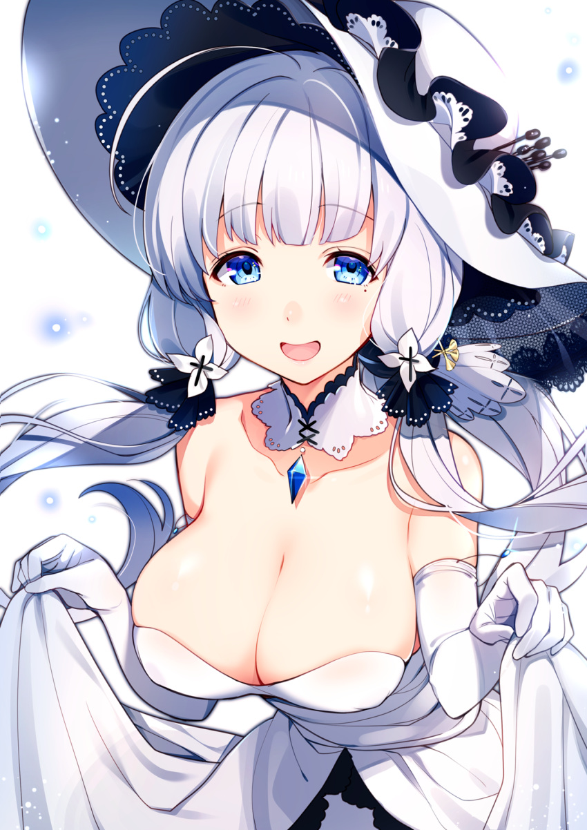 1girl azur_lane blue_eyes blush breasts collarbone cut_(bu-kunn) detached_collar dress dress_lift elbow_gloves gloves hair_ornament hat highres illustrious_(azur_lane) large_breasts long_hair looking_at_viewer low_twintails open_mouth simple_background smile solo twintails white_background white_dress white_gloves white_hair