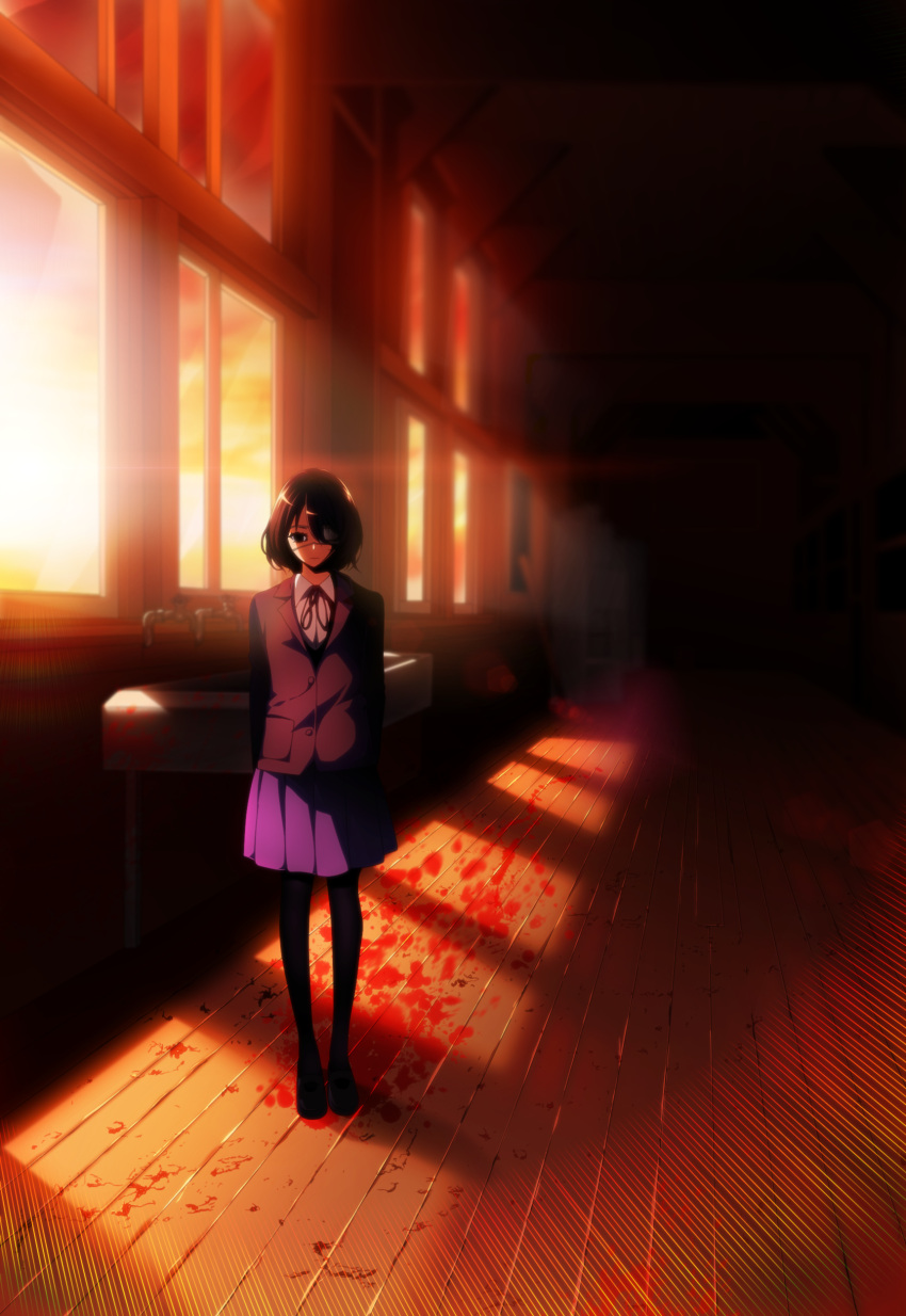 1girl absurdres another black_eyes black_footwear black_hair black_legwear blood blood_splatter creepy dusk empty_eyes eyepatch faucet hallway highres imarx67 indoors lens_flare loafers misaki_mei pantyhose pleated_skirt school_hall school_uniform shoes sink skirt solo standing sunlight