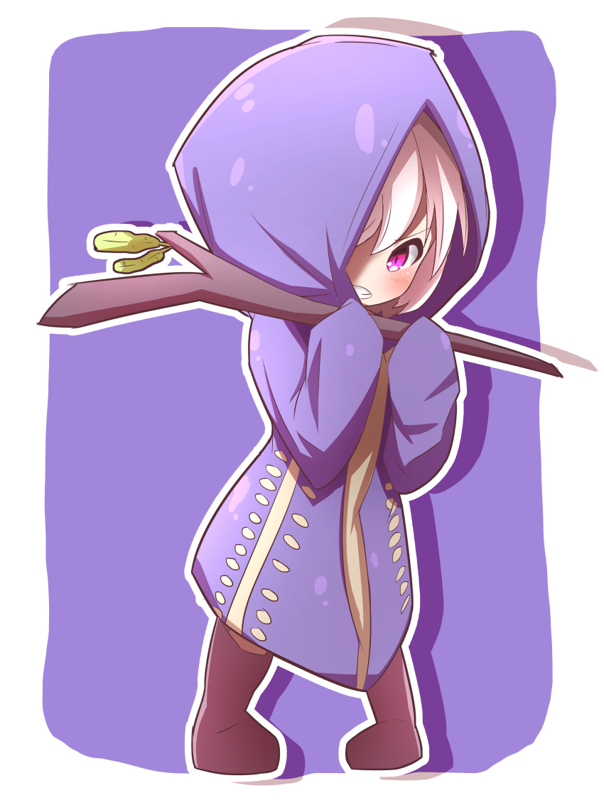 1girl absurdres akebia_fruit bangs blush boots brown_footwear clenched_teeth commentary_request eyebrows_visible_through_hair full_body hair_over_one_eye highres holding holding_stick hood_up hooded_robe idaten93 long_sleeves looking_at_viewer original personification pigeon-toed purple_background purple_robe robe sleeves_past_wrists solo standing stick teeth two-tone_background violet_eyes white_background white_hair