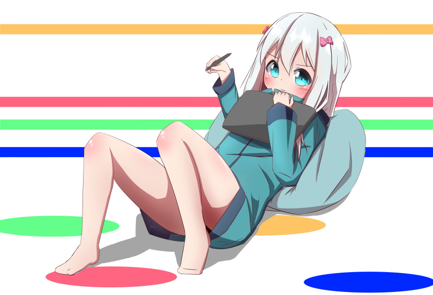 1girl absurdres bangs barefoot blue_eyes blue_jacket blush bow closed_mouth commentary_request drawing_tablet eromanga_sensei eyebrows_visible_through_hair hair_between_eyes hair_bow highres holding holding_stylus idaten93 izumi_sagiri jacket long_hair long_sleeves pillow pink_bow reclining silver_hair solo stylus
