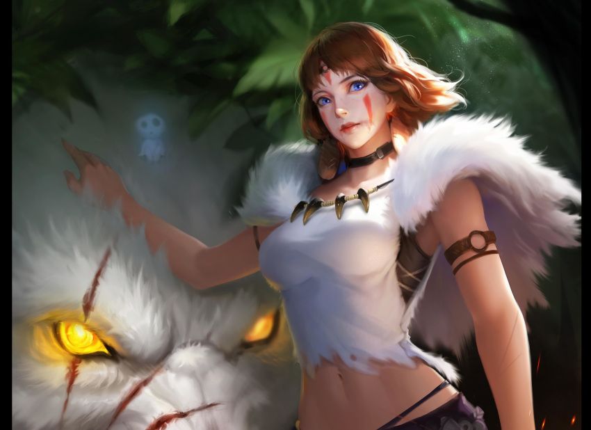 1girl anyuananyuan armlet black_choker blue_eyes breasts brown_eyes brown_hair choker crop_top eyelashes facepaint facial_mark fur glowing glowing_eyes highres jewelry looking_at_viewer medium_breasts mononoke_hime navel nose san scar scar_across_eye short_hair solo stomach tooth wolf wolf_tooth yellow_eyes