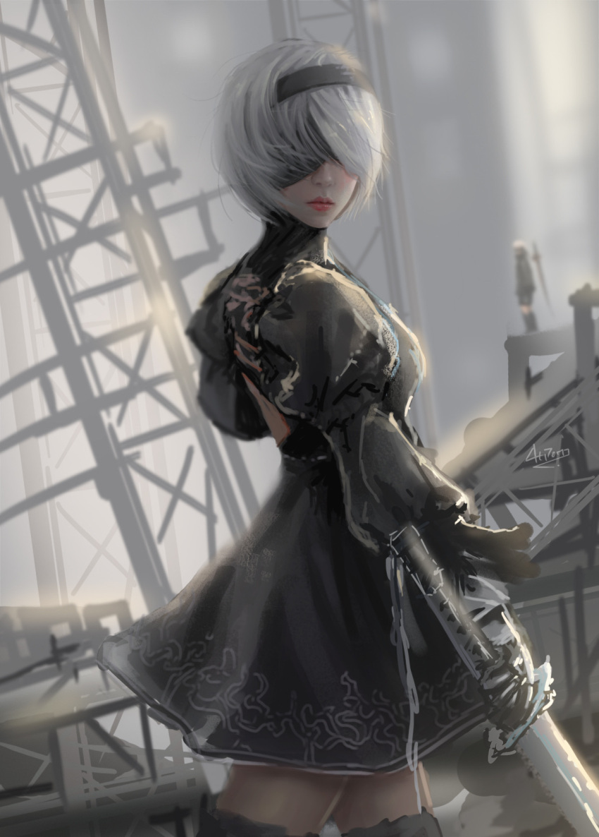 1girl artist_name at_pom back_cutout black_blindfold black_dress black_hairband black_legwarmer blindfold breasts closed_mouth covered_eyes dress facing_viewer feather-trimmed_sleeves grey_hair grey_sky hairband highres holding holding_sword holding_weapon juliet_sleeves katana lips long_sleeves looking_at_viewer medium_breasts nier_(series) nier_automata no_mole puffy_sleeves red_lips short_hair sketch solo sunlight sword thigh-highs turtleneck turtleneck_dress weapon yorha_no._2_type_b zettai_ryouiki