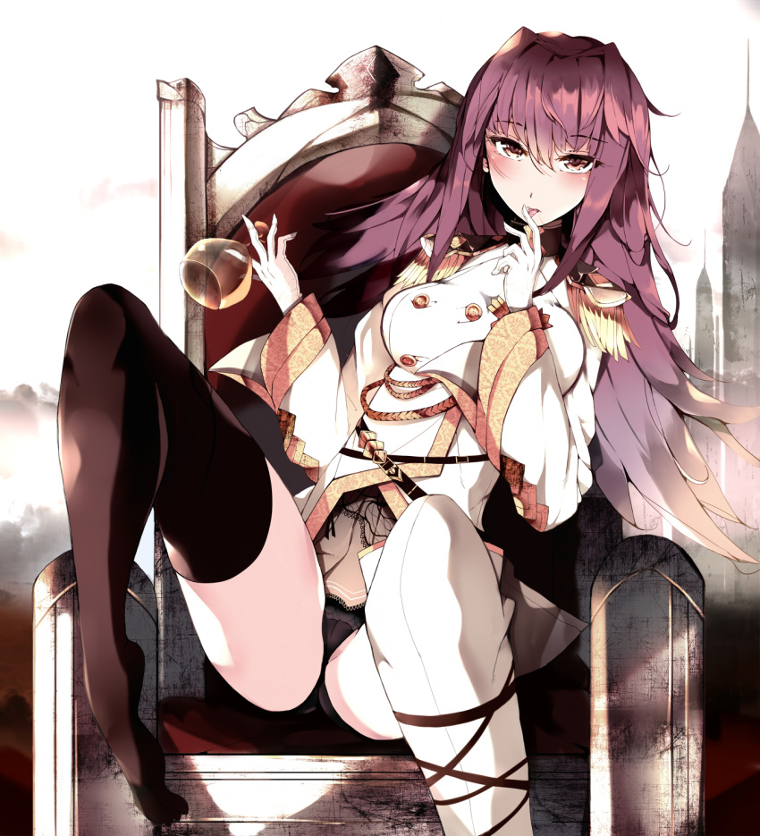 1girl arm_support bangs black_legwear black_panties blush boots breasts brown_eyes commentary_request cup drinking_glass eyebrows_visible_through_hair fate/grand_order fate_(series) finger_licking gloves grey_skirt hair_between_eyes highres jacket large_breasts leaning_to_the_side licking long_hair long_sleeves military_jacket no_shoes panties pleated_skirt purple_hair saliva scathach_(fate/grand_order) sitting skirt solo thigh-highs thigh_boots throne tongue tongue_out tower underwear venomrobo very_long_hair white_footwear white_gloves white_jacket white_legwear wide_sleeves wine_glass