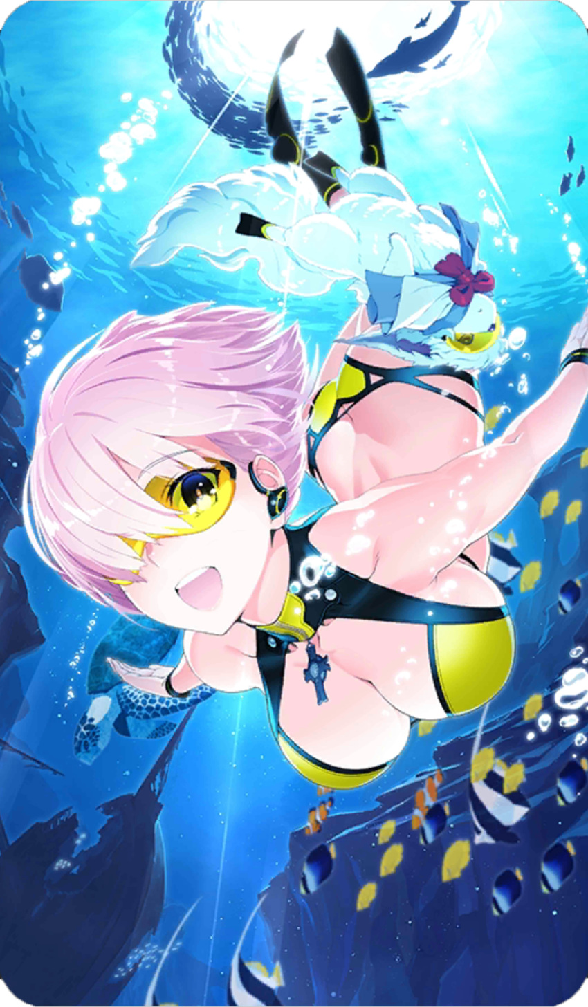 1girl ass ass_cutout bikini black_footwear black_wristband blue_capelet breasts bubble butt_crack capelet cleavage cleavage_cutout craft_essence cravat creature cross cross_necklace dive_to_blue diving dolphin fate/grand_order fate_(series) fish fou_(fate/grand_order) halter_top halterneck highres jewelry lavender_hair mash_kyrielight necklace official_art open_mouth red_neckwear ship smile striped_wristband swimming swimsuit underwater watercraft wristband yellow-framed_eyewear yellow_bikini zipper