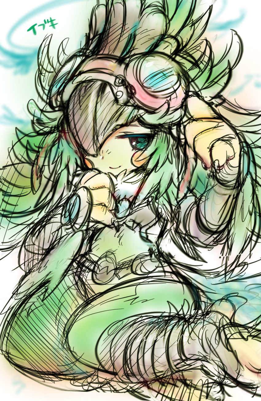 1girl aqua_eyes beak belt brown_belt character_name closed_mouth crop_top eyebrows eyelashes facing_away feathered_hair feathers fur_collar gem goggles goggles_on_head green_hair highres ibuki_(xenoblade) long_hair looking_at_viewer sasaki_shou sitting sketch smile solo talons wariza xenoblade xenoblade_2