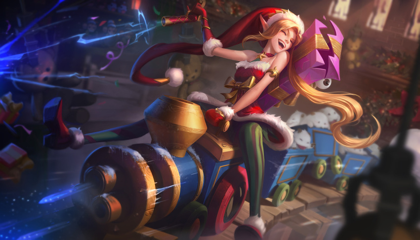 1girl :d ambitious_elf_jinx bare_shoulders blonde_hair blurry box closed_eyes commentary depth_of_field doll dress dutch_angle eyeball fur_trim gift gift_box gloves ground_vehicle gun handgun highres indoors jem_flores league_of_legends long_hair long_pointy_ears mittens open_mouth pantyhose pistol pointy_ears red_dress red_footwear red_gloves riding shelf smile solo strapless strapless_dress striped striped_legwear stuffed_animal stuffed_toy teddy_bear train vertical-striped_legwear vertical_stripes very_long_hair weapon window
