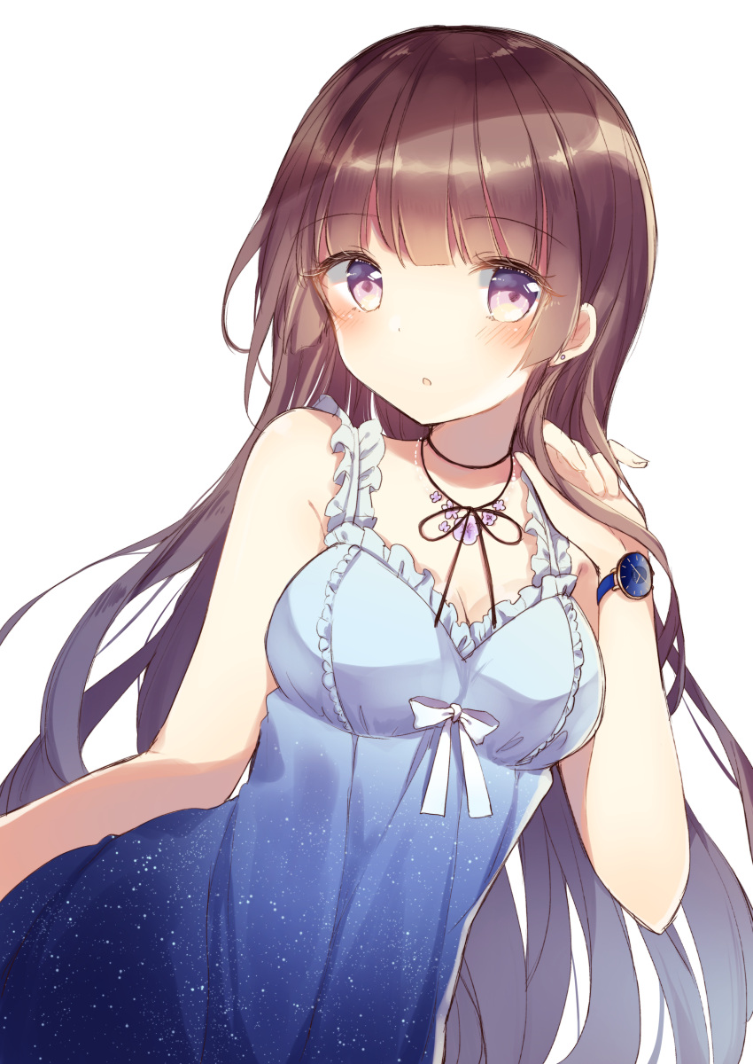 1girl :o absurdres arm_at_side arm_up bangs black_choker blue_dress blush bow breasts brown_hair choker cleavage dress eyebrows_visible_through_hair flower gradient_dress highres holding holding_hair long_hair looking_at_viewer medium_breasts neck_ribbon original ribbon shiino_sera simple_background solo space_print star star_print starry_sky_print string_choker violet_eyes watch watch white_background white_bow