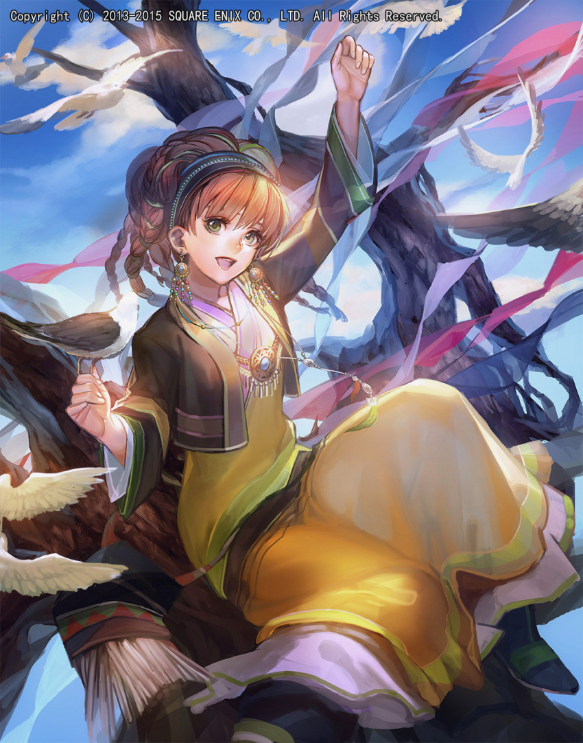 1girl :d arm_up bird bird_on_hand blue_sky brown_hair day earrings emperors_saga fingernails full_body green_eyes hairband highres jewelry liduke long_skirt looking_at_viewer necklace official_art open_mouth outdoors red_lips skirt sky smile solo tree watermark yellow_skirt