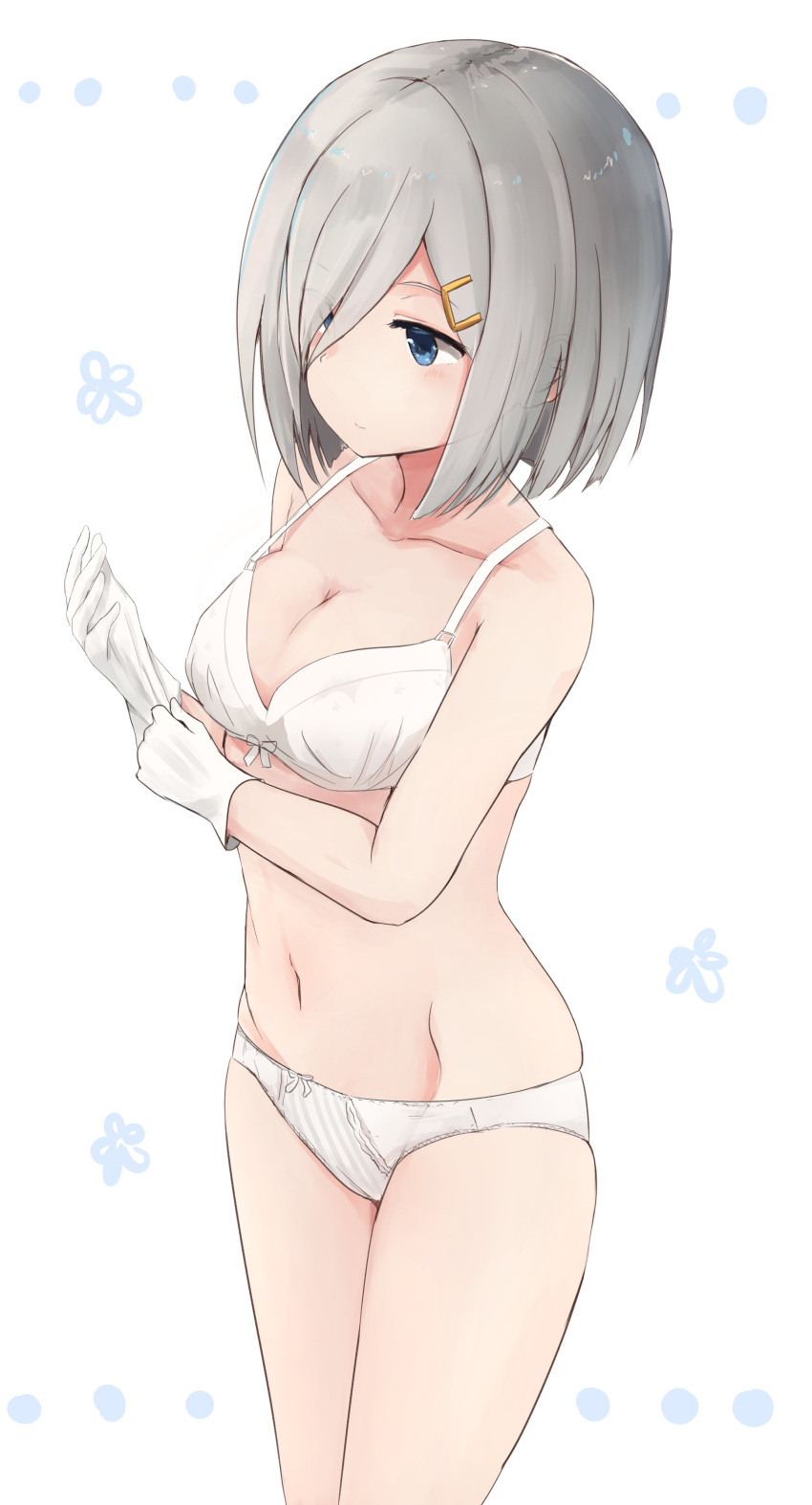 1girl absurdres bare_arms bare_legs bare_shoulders blue_eyes blush bow bow_bra bow_panties bra breasts cleavage collarbone expressionless gloves hair_ornament hair_over_one_eye hairclip hamakaze_(kantai_collection) hand_up highres kantai_collection medium_breasts navel panties silver_hair skindentation solo standing underwear underwear_only white_bra white_gloves white_panties yuki_(yukin0128)