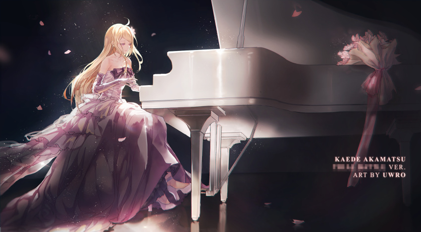 1girl ahoge akamatsu_kaede alternate_costume artist_name bare_shoulders blonde_hair character_name dangan_ronpa dress elbow_gloves english flower full_body gloves hair_flower hair_ornament high_heels highres instrument light_smile long_hair new_dangan_ronpa_v3 petals piano ribbon sitting uwro