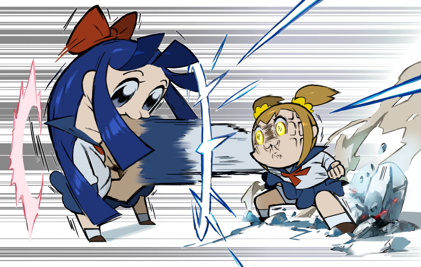 2girls :3 anger_vein bangs blue_eyes blue_hair blunt_bangs bow clenched_hands constricted_pupils giant_fist hair_bow highres long_hair multiple_girls orange_hair pipimi poptepipic popuko punching red_bow rock school_uniform serafuku short_twintails simple_background smile tokiya twintails white_background yellow_eyes