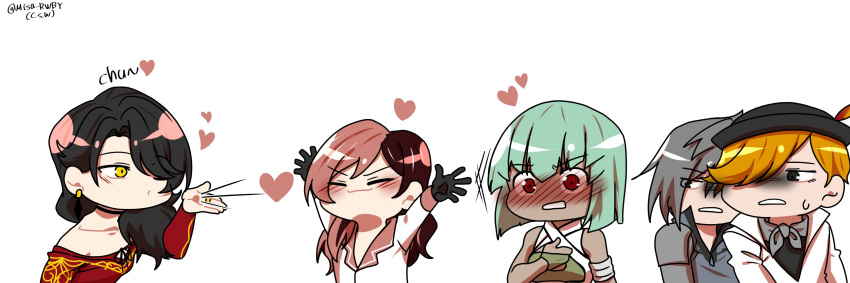 2boys 3girls absurdres artist_request blown_kiss blush cinder_fall emerald_sustrai heart highres mercury_black multiple_boys multiple_girls neo_(rwby) roman_torchwick rwby twitter_username