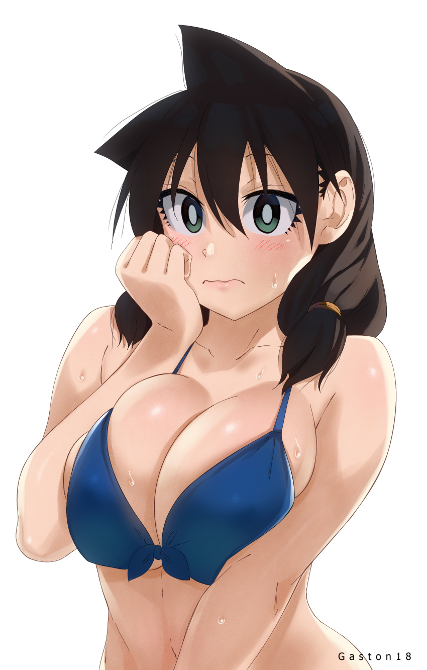 1girl absurdres amano_megumi amano_megumi_wa_suki_darake! artist_name bikini blue_bikini blue_eyes blush breasts brown_hair cleavage clenched_hand collarbone colorized front-tie_top gaston18 hand_on_own_cheek hand_on_own_face hand_up highres large_breasts long_hair navel nekoguchi simple_background solo sweat swimsuit wavy_mouth