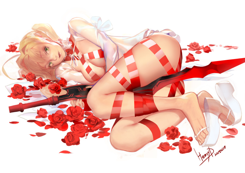 1girl absurdres alternate_costume bikini blonde_hair fate/grand_order fate_(series) flower green_eyes henry_davis highres looking_at_viewer lying nero_claudius_(fate)_(all) nero_claudius_(swimsuit_caster)_(fate) on_side platform_footwear rose sandals simple_background solo swimsuit sword toes weapon