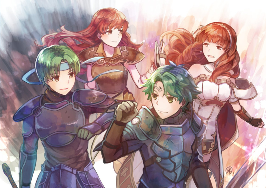 10s 2boys 2girls 90s alm_(fire_emblem) armor breastplate cape celica_(fire_emblem) fire_emblem fire_emblem_echoes:_mou_hitori_no_eiyuuou fire_emblem_gaiden gauntlets green_hair headband holding holding_sword holding_weapon intelligent_systems long_hair multiple_boys multiple_girls nintendo pauldrons redhead smile sword weapon yukimiyuki