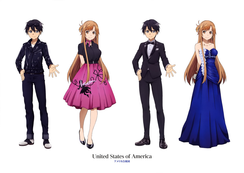 1boy 1girl absurdres arms_behind_back asuna_(sao) belt black_bow black_eye black_footwear black_hair black_neckwear black_shirt blue_dress bow bowtie breasts brown_eyes brown_hair choker collarbone dress dress_shirt earrings formal hand_on_hip highres injury jewelry kirito long_dress long_hair looking_at_viewer maeda_tatsuyuki medium_breasts outstretched_arm pink_ribbon purple_skirt ribbon ribbon_choker shirt short_sleeves simple_background skirt sleeveless sleeveless_dress smile strapless strapless_dress sword_art_online variations very_long_hair white_background