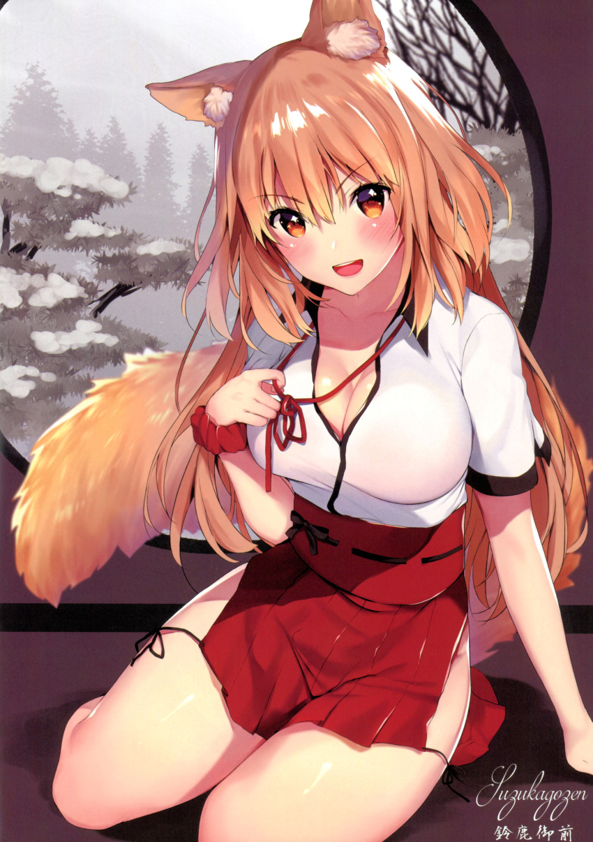 &gt;:d 1girl absurdres animal_ears arm_support blush breasts brown_eyes brown_hair character_name cleavage fate/extra_ccc_fox_tail fate/grand_order fate_(series) fox_ears fox_tail highres hip_vent indoors large_breasts long_hair looking_at_viewer matarou_(genkai_toppa) obi pleated_skirt sash scan scrunchie side-tie_skirt sitting skirt solo suzuka_gozen_(fate) tail wrist_scrunchie