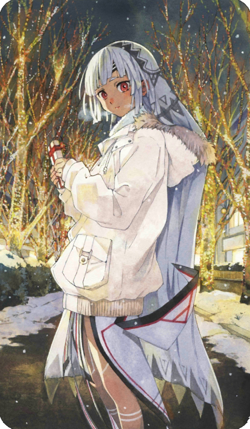 1girl altera_(fate) bangs box building bush christmas_lights coat craft_essence dark_skin fate/grand_order fate_(series) fur-trimmed_coat fur_trim gift gift_box highres holding holding_gift horiguchi_yukiko looking_at_viewer official_art outdoors red_eyes road smile snow solo street sweet_crystal tree white_coat white_hair winter_clothes winter_coat