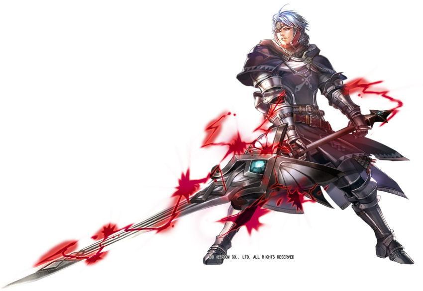 1boy armor aura belt blue_hair boots capelet chains gauntlets greaves headband holding holding_sword holding_weapon huge_weapon legs_apart liduke looking_at_viewer monster_hunter official_art plate_armor simple_background smile solo sword watermark weapon white_background