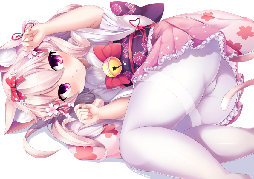 1girl :o animal_ears arm_up ass azur_lane bangs bell blush bow cat_ears cat_girl cat_tail commentary_request eyebrows_visible_through_hair fingernails floral_print flower frilled_kimono frills fur_collar hair_between_eyes hair_bow hair_flower hair_ornament hand_up japanese_clothes jingle_bell kimono kisaragi_(azur_lane) long_hair long_sleeves looking_at_viewer lying obi on_side pantyhose parted_lips pink_flower pink_hair pink_kimono print_kimono red_bow sash simple_background solo tail tatuyayosi thighband_pantyhose two_side_up violet_eyes white_background white_legwear wide_sleeves
