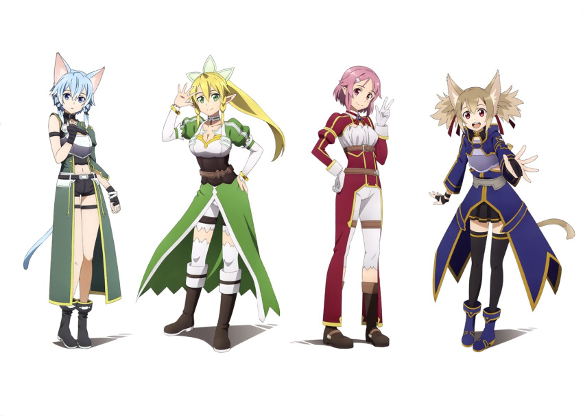 4girls animal_ears blonde_hair blue_hair brown_hair garters leafa lisbeth multiple_girls pink_hair pointy_ears shinon_(sao) silica simple_background sword_art_online tail thigh-highs