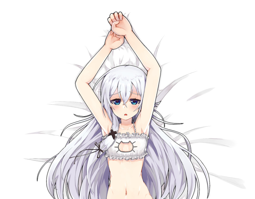 1girl blue_eyes cat_cutout cat_lingerie cleavage_cutout commission hair_between_eyes hair_ornament lavender_hair long_hair looking_at_viewer lying mastgg meme_attire navel on_back open_mouth silver_hair solo very_long_hair x_hair_ornament