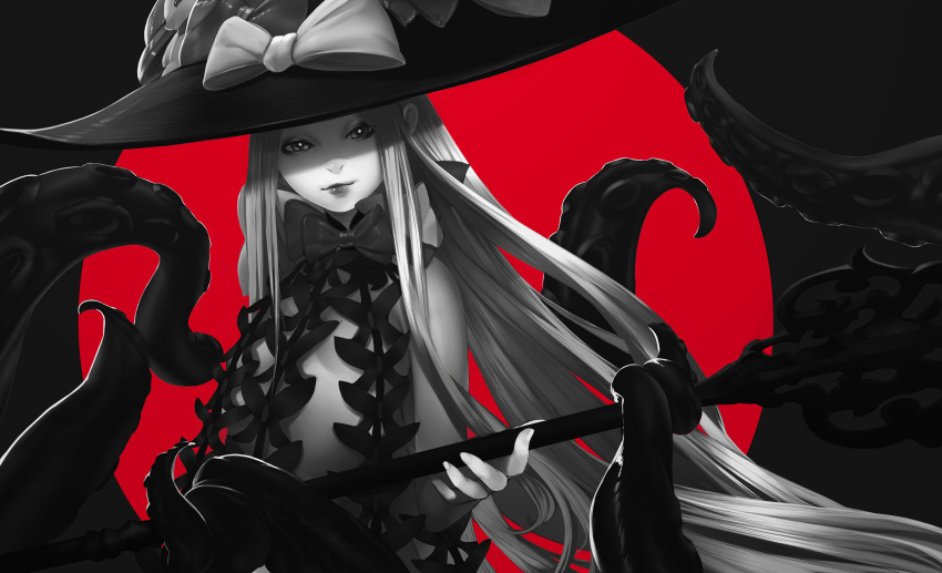 1girl abigail_williams_(fate/grand_order) bangs black_background bow closed_mouth commentary_request fate/grand_order fate_(series) fingernails greyscale hat hat_bow head_tilt highres holding lips long_hair looking_at_viewer milk-doll monochrome parted_bangs red_background revealing_clothes smile solo spot_color suction_cups tentacle two-tone_background very_long_hair witch_hat