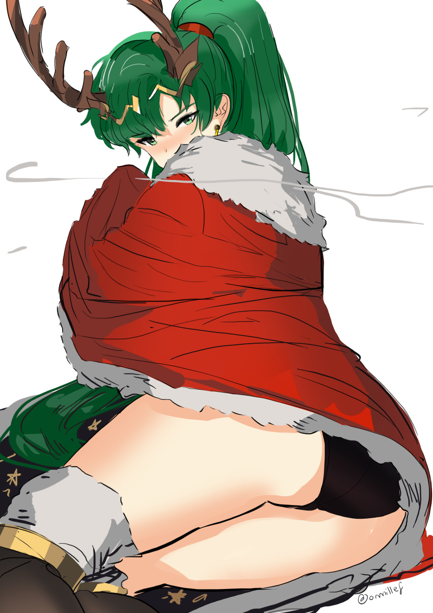 1girl absurdres ass black_panties cape christmas cosplay dotentity embarrassed fire_emblem fire_emblem:_kakusei fire_emblem:_rekka_no_ken fire_emblem_heroes green_eyes green_hair high_ponytail highres long_hair lyndis_(fire_emblem) ponytail simple_background solo tharja tharja_(cosplay)
