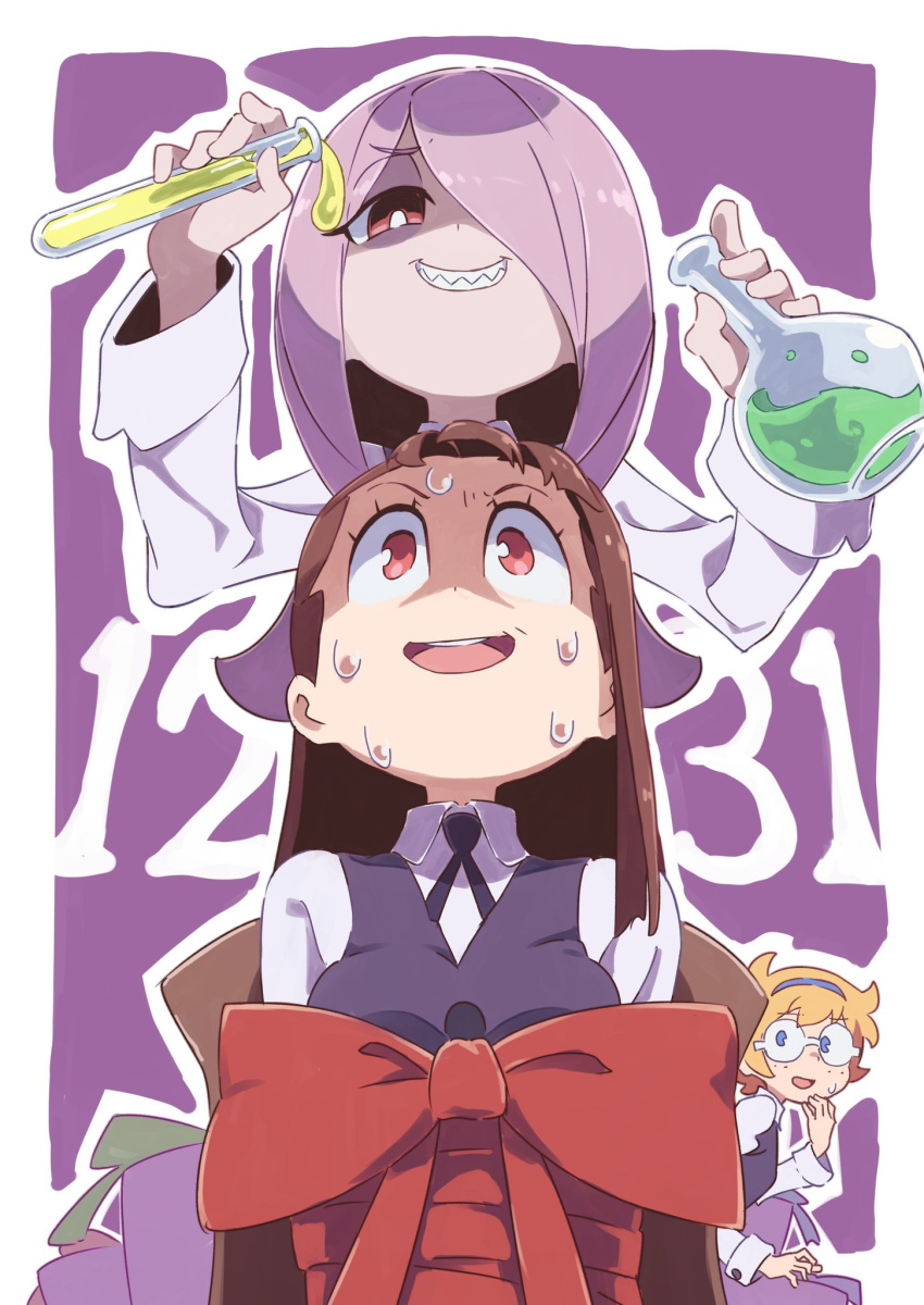 3girls bound bright_pupils brown_hair collared_shirt commentary_request eyebrows_visible_through_hair freckles glasses grey_shirt grin hair_over_one_eye hairband hand_to_own_mouth highres kagari_atsuko little_witch_academia long_hair long_sleeves multiple_girls neck_ribbon nervous_smile pac-man_eyes purple_hair purple_neckwear purple_ribbon purple_vest red_eyes restrained ribbon round_teeth sharp_teeth shirt sitting smile sucy_manbavaran sweatdrop tama teeth tied_up vest vial wing_collar worried